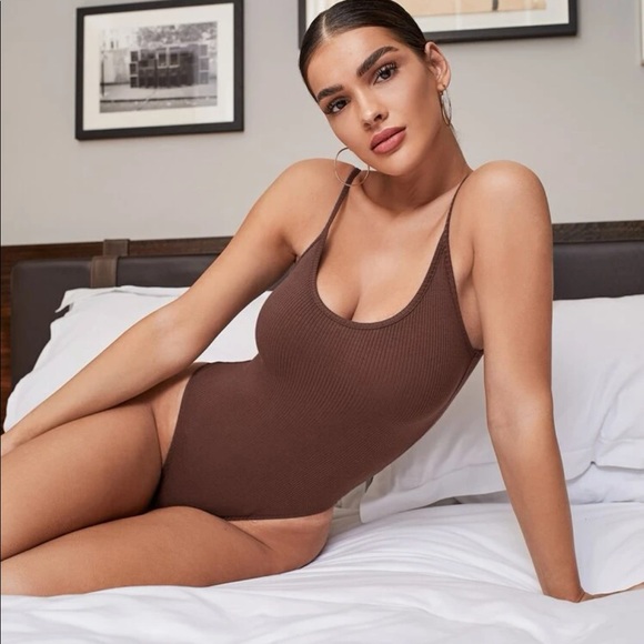 Bodysuit tank top open back one piece coffee brown basic rib knit top - Picture 1 of 7